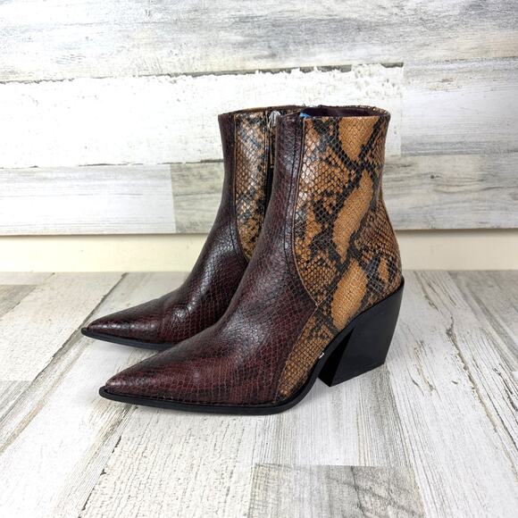 Topshop Womens 7 Brown Snakeskin Leather Pointed Toe Heeled Ankle Boot Western - Picture 1 of 9